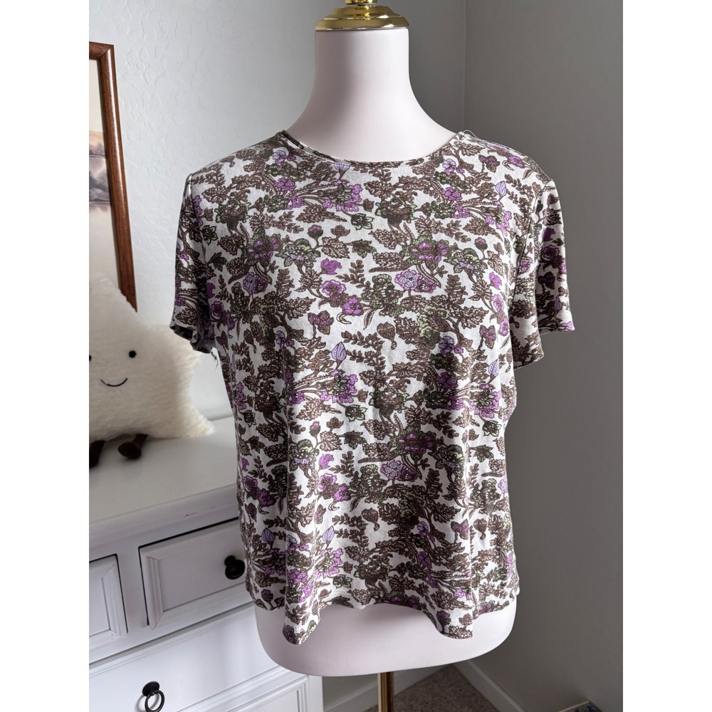 Floral Cottagecore Knit Top Vintage Style Short Sleeve Purple Green Charter Club